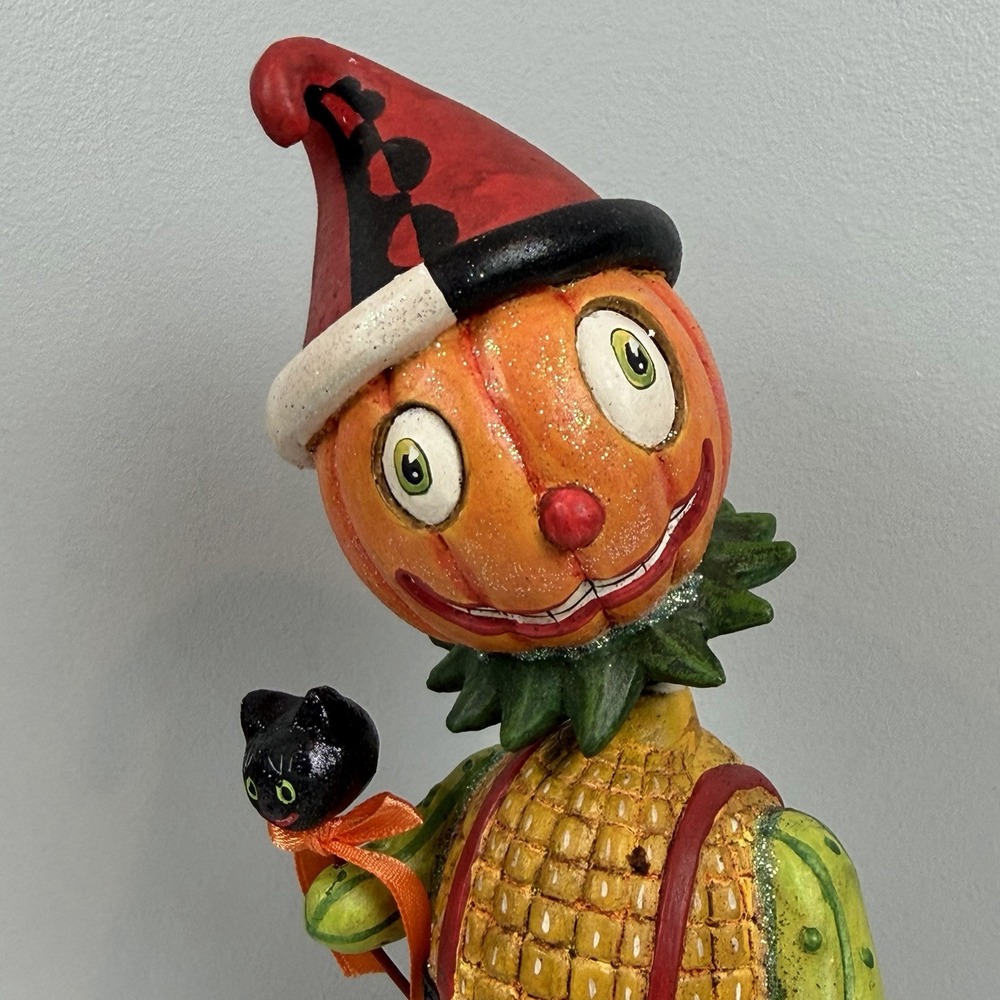 Dept 56 Halloween Pumpkin Scarecrow Bobblehead Black Cat Glitter Figurine 9"